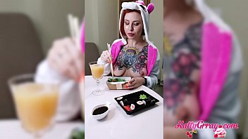 Hot Redhead Eating Roll and Demonstrate Perfect Boobs - Fetish